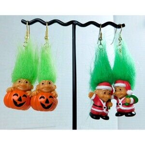 Russ Troll Earrings Christmas Halloween Lot of 2 Vintage Resin Pierced Dangle